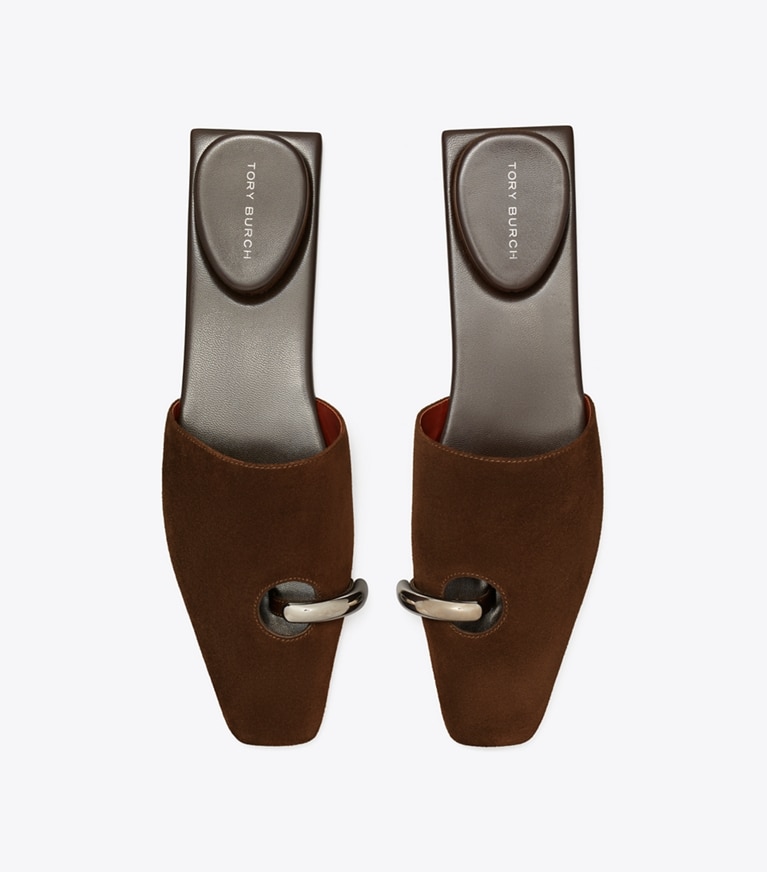 Tory Burch designer loafers Pantolette mit Piercingdetail in DARK COCOA / SILVER von oben