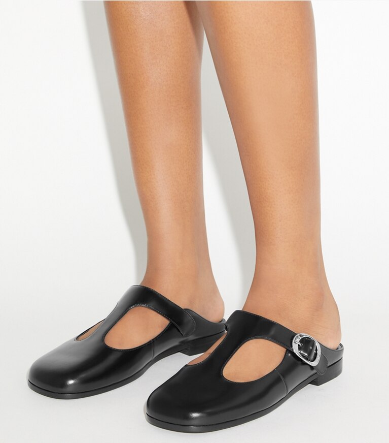 Tory Burch diseñador zapatos planos Pantufla con tira en T Violet en PERFECT BLACK accesorio en modelo