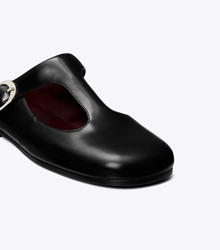 Tory Burch diseñador zapatos planos Pantufla con tira en T Violet en PERFECT BLACK detalle