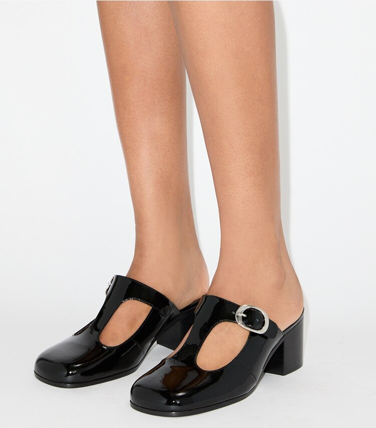 Tory Burch diseñador tacones Pantufla de tacón con tira en T Violet en PERFECT BLACK accesorio en modelo
