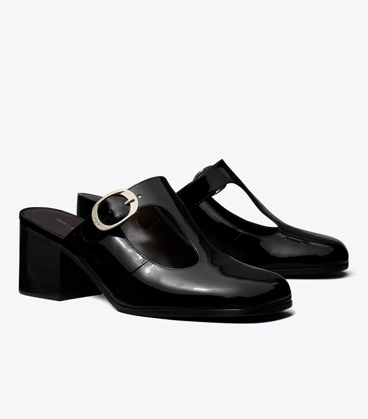 Tory Burch diseñador tacones Pantufla de tacón con tira en T Violet en PERFECT BLACK ángulo