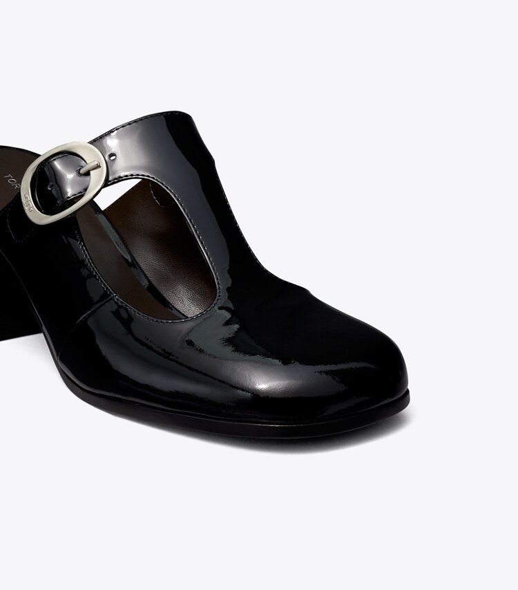 Tory Burch diseñador tacones Pantufla de tacón con tira en T Violet en PERFECT BLACK detalle