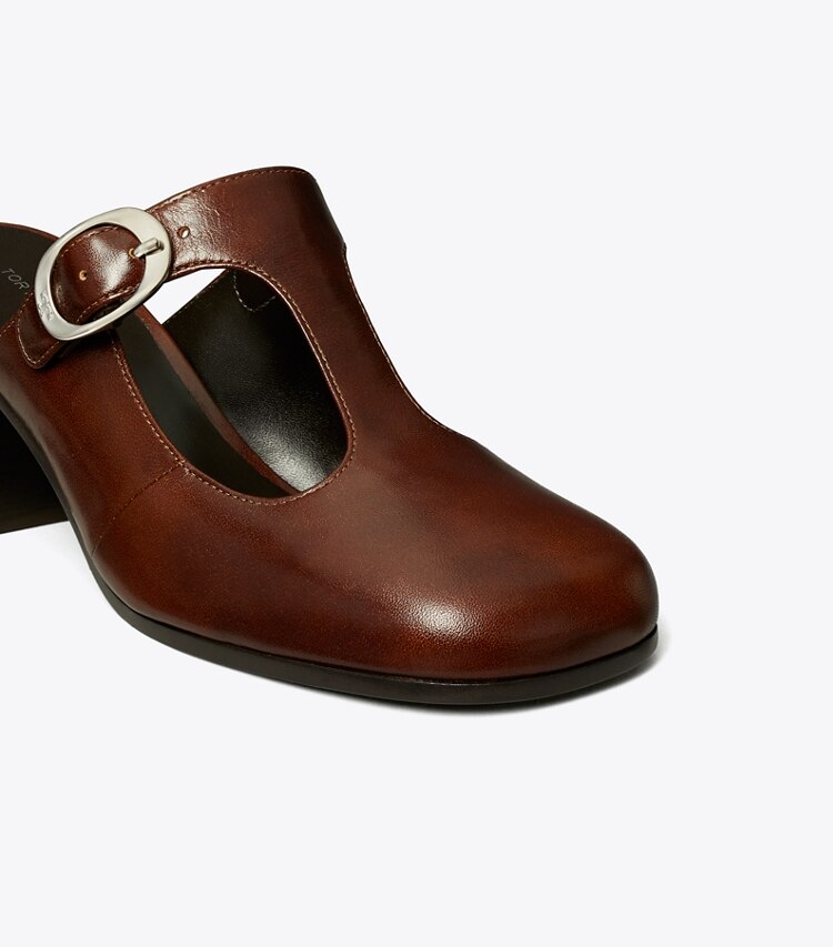 Tory Burch diseñador tacones Pantufla de tacón con tira en T Violet en NEGRONI detalle