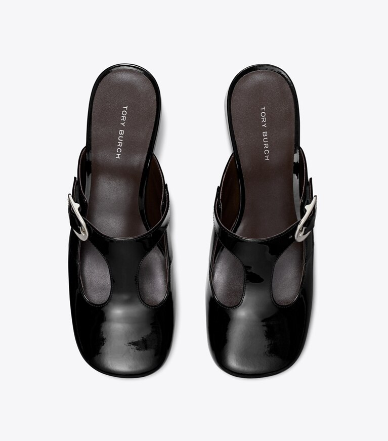 Tory Burch diseñador tacones Pantufla de tacón con tira en T Violet en PERFECT BLACK vista superior