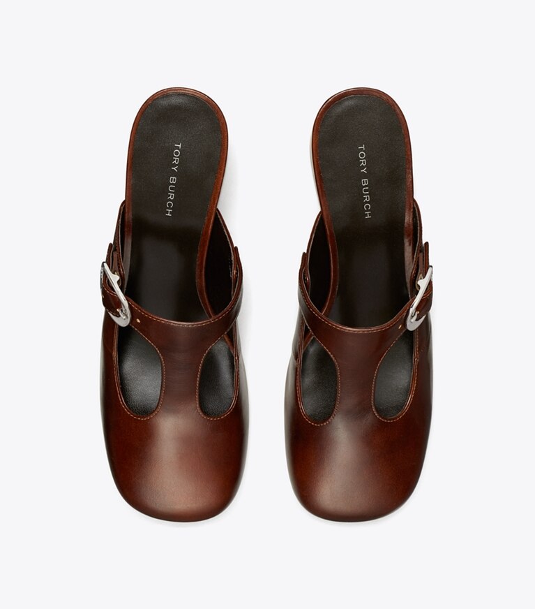 Tory Burch diseñador tacones Pantufla de tacón con tira en T Violet en NEGRONI vista superior