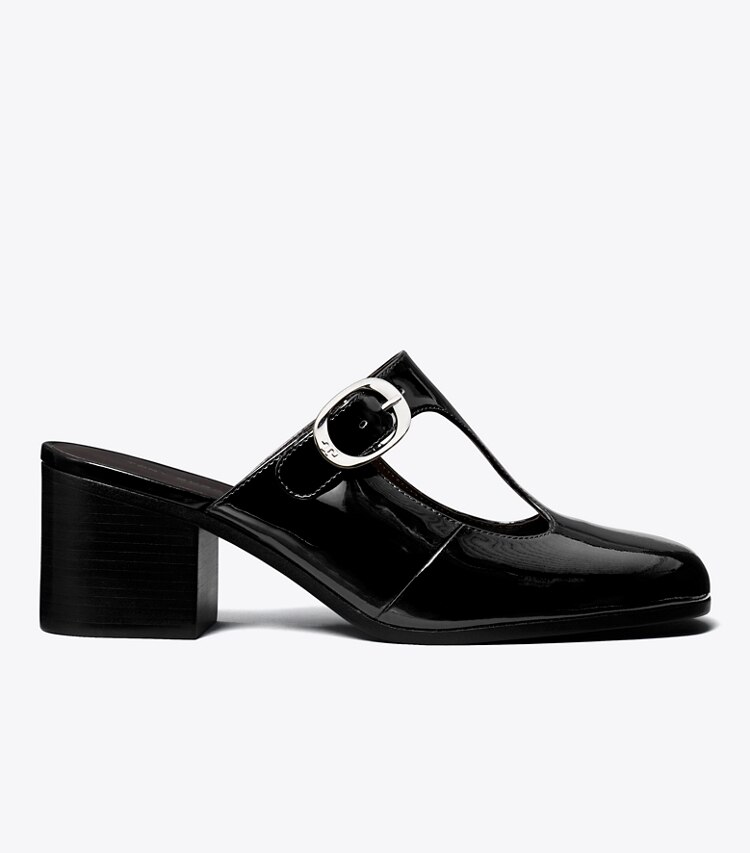Tory Burch diseñador tacones Pantufla de tacón con tira en T Violet en PERFECT BLACK lateral
