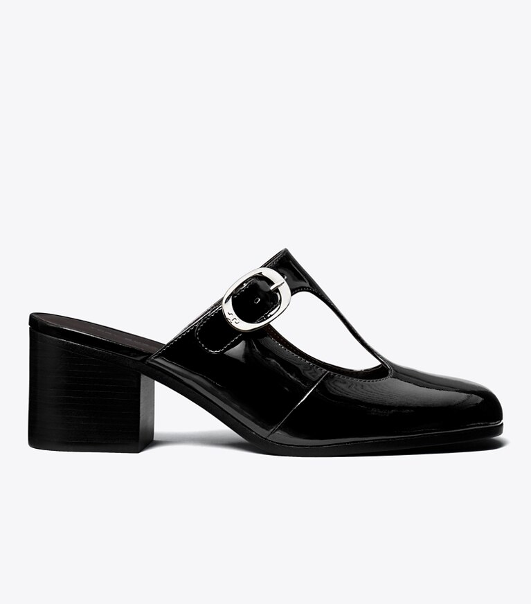 Tory Burch diseñador tacones Pantufla de tacón con tira en T Violet en PERFECT BLACK lateral