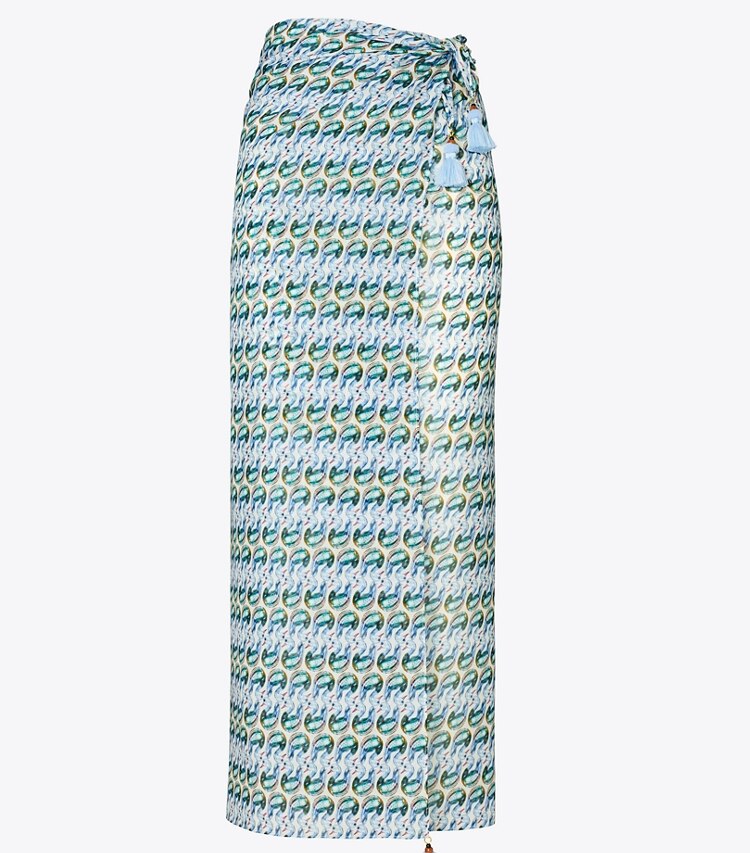 Tory Burch designer copricostume Pareo in seta stampata in Blue Glass Swan Allover front