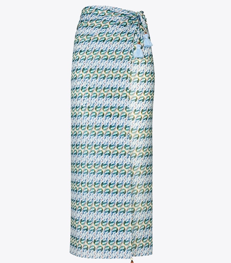 Tory Burch designer copricostume Pareo in seta stampata in Blue Glass Swan Allover front