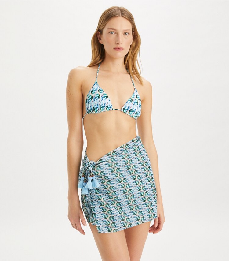 Tory Burch designer copricostume Pareo in seta stampata in Blue Glass Swan Allover on model detail