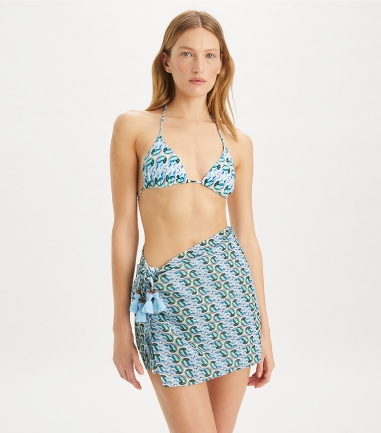 Tory Burch designer copricostume Pareo in seta stampata in Blue Glass Swan Allover front