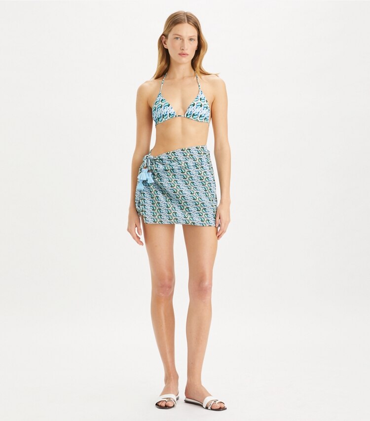 Tory Burch designer copricostume Pareo in seta stampata in Blue Glass Swan Allover parte anteriore su modella