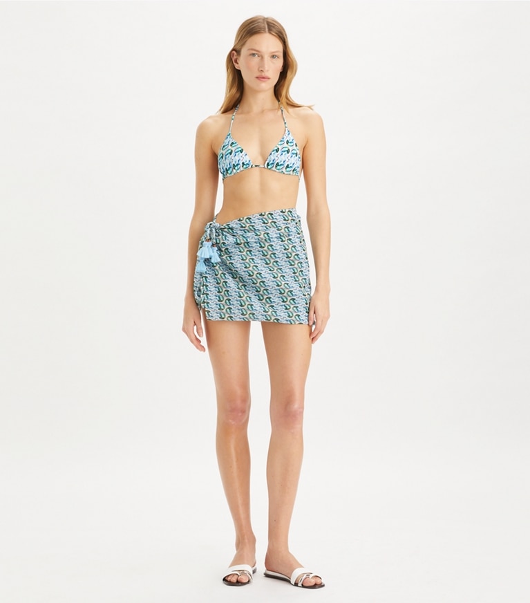 Tory Burch designer copricostume Pareo in seta stampata in Blue Glass Swan Allover front