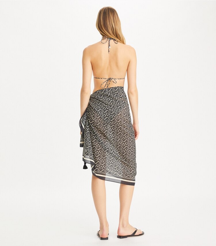 Tory Burch designer copricostume Pareo stampato in Black Prismatic T Monogram Small on model back
