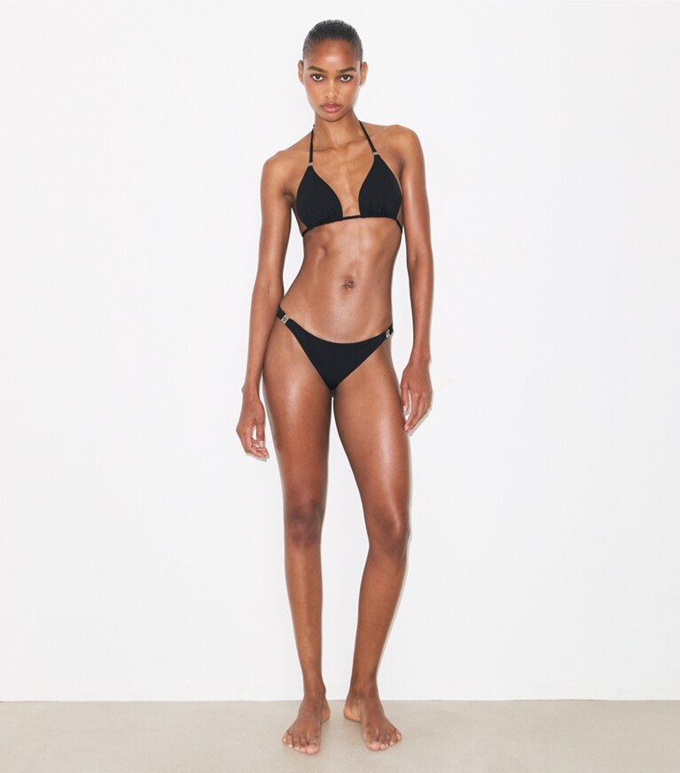 Tory Burch diseñador de dos piezas Parte de arriba de bikini lisa en Black frente en modelo