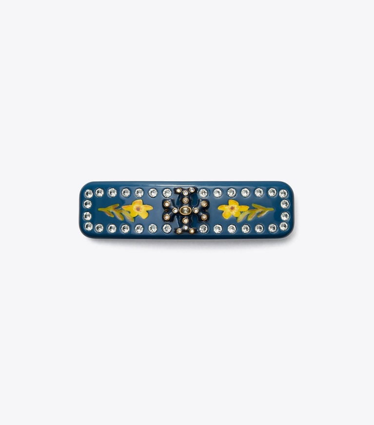 Tory Burch diseñador horquillas Pasador pequeño Roxanne con adorno en Rolled Tory Gold / Navy frontal
