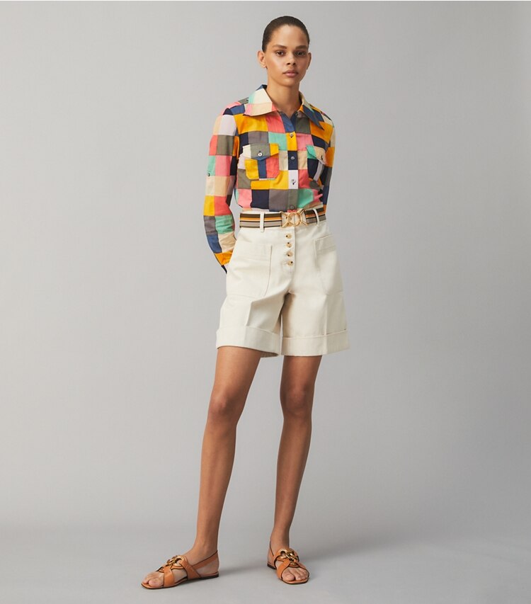Tory Burch designer tops Patchwork Brigitte Shirt in PATCHWORK MULTI on model front