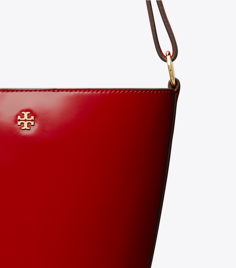 Tory Burch designer crossbody bags Patent Bucket Bag in TORY RED angle