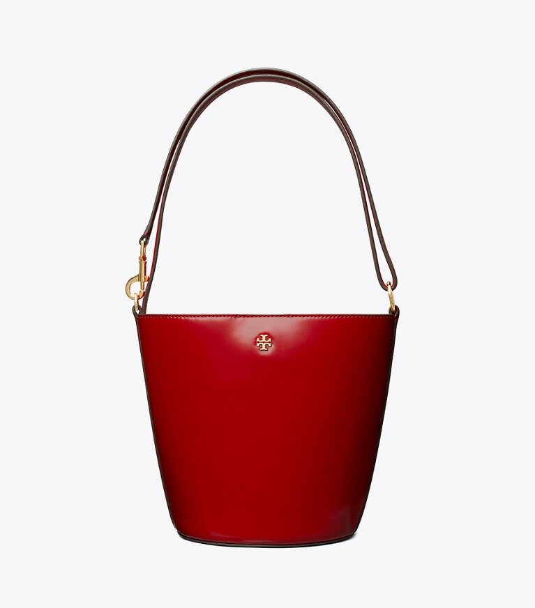 Tory Burch designer crossbody bags Patent Bucket Bag in TORY RED angle