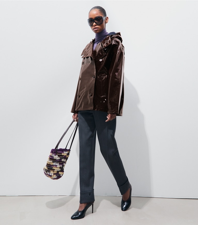 Tory Burch designer jackets Patent Leather Jacket in Brown Glace on model front