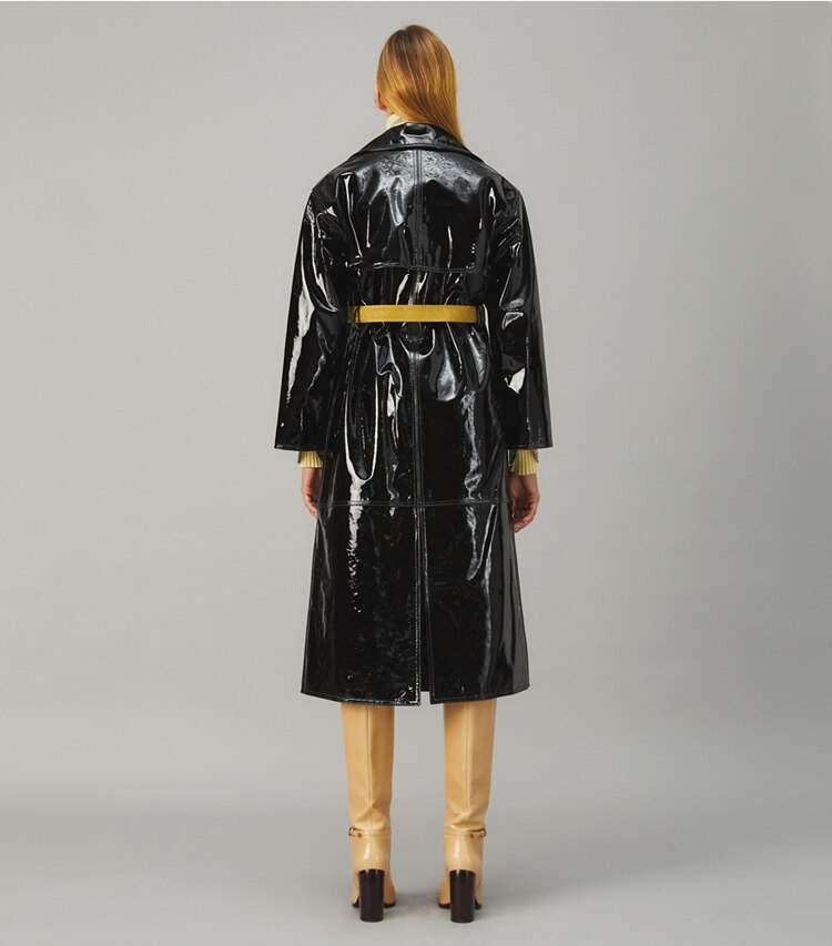 Tory Burch designer coats Patent Trench Coat in Black on model back