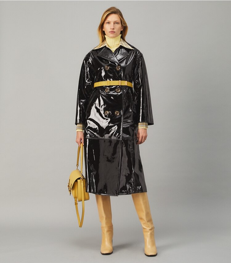 Tory Burch designer coats Patent Trench Coat in Black on model front