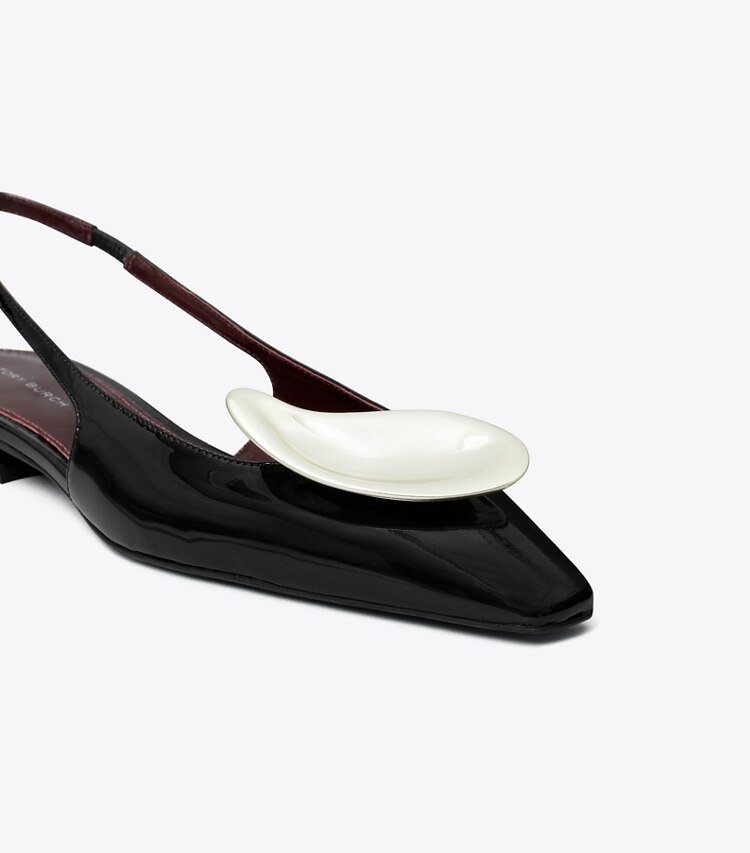 Tory Burch designer mocassins Patos à bride arrière dans PERFECT BLACK / SILVER détails