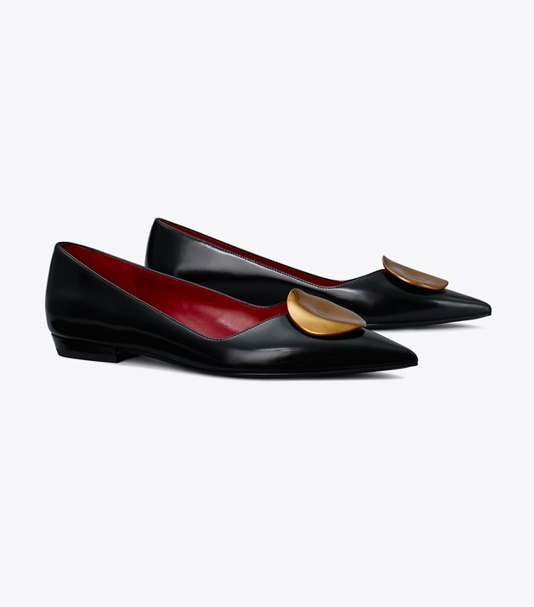 Tory Burch designer flats Patos Flat in PERFECT BLACK / ANCIENT GOLD angle