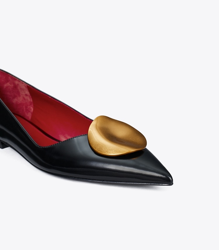 Tory Burch designer flats Patos Flat in PERFECT BLACK / ANCIENT GOLD detail