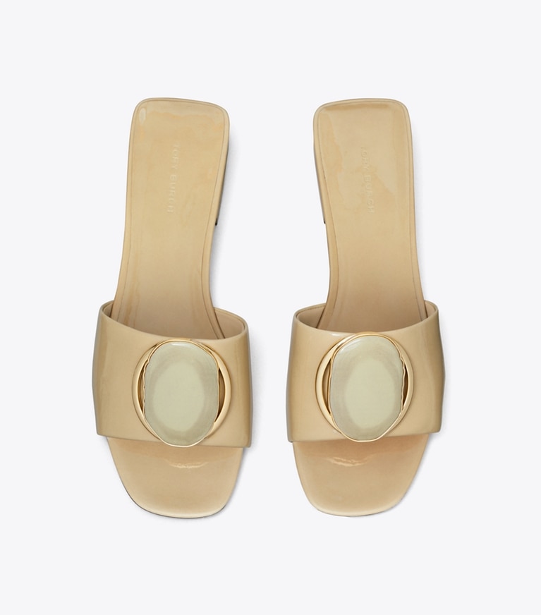 Tory Burch designer sandals Patos Heeled Slide in PALO SANTO overhead