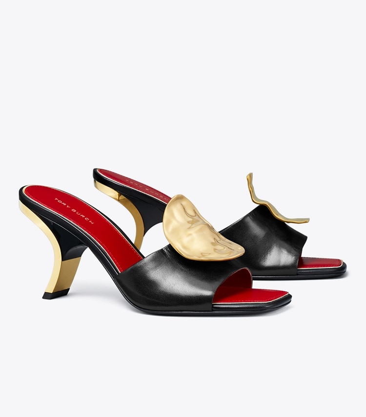 Tory Burch designer sandals Patos Mismatched Heeled Mule in PERFECT BLACK / TORY RED / TORY RED angle