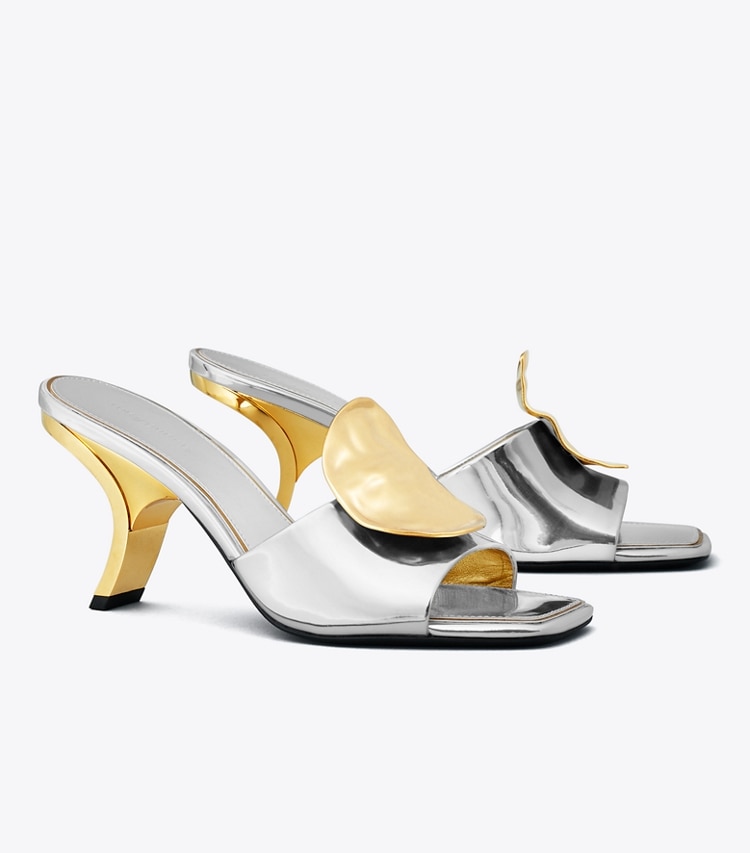 Tory Burch designer サンダル パトス ミスマッチ ヒールミュール in ARGENTO / GOLD / GOLD angle