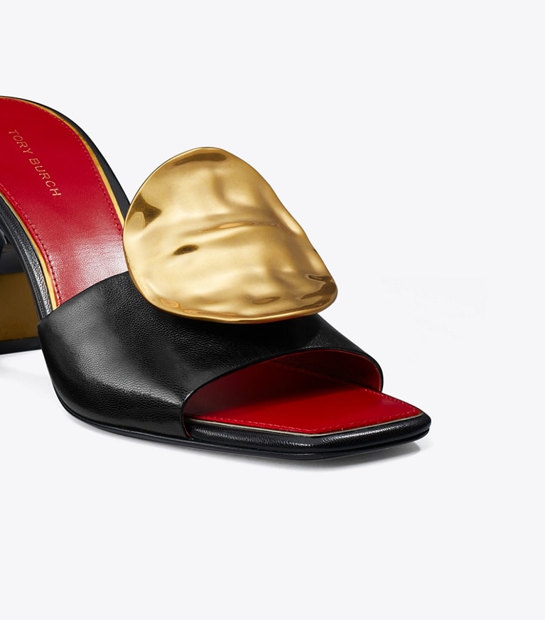 Tory Burch designer sandals Patos Mismatched Heeled Mule in PERFECT BLACK / TORY RED / TORY RED angle