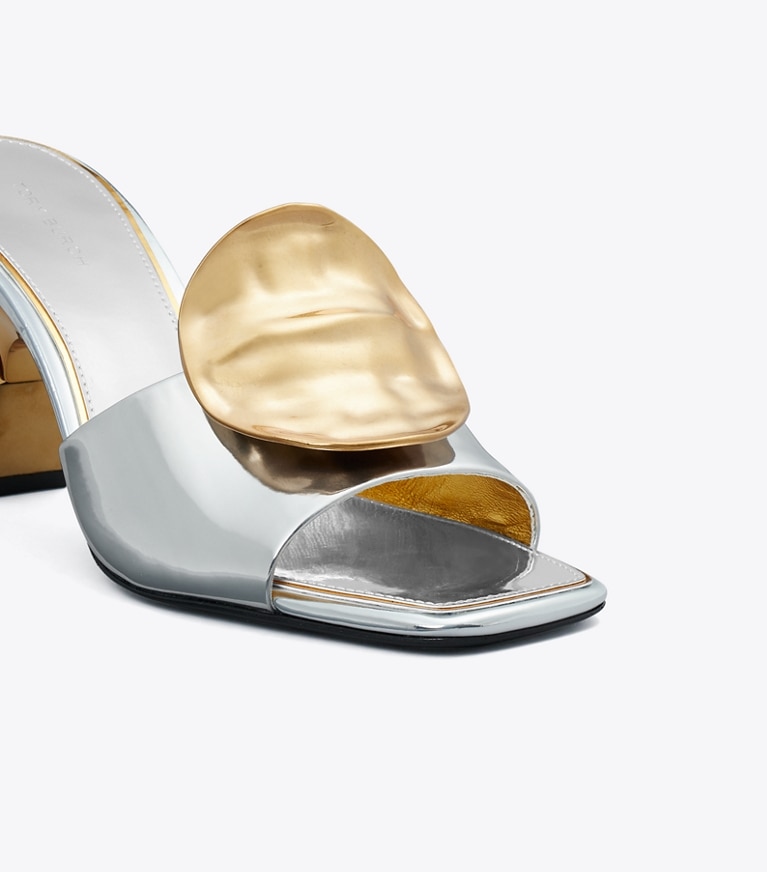 Tory Burch designer サンダル パトス ミスマッチ ヒールミュール in ARGENTO / GOLD / GOLD angle