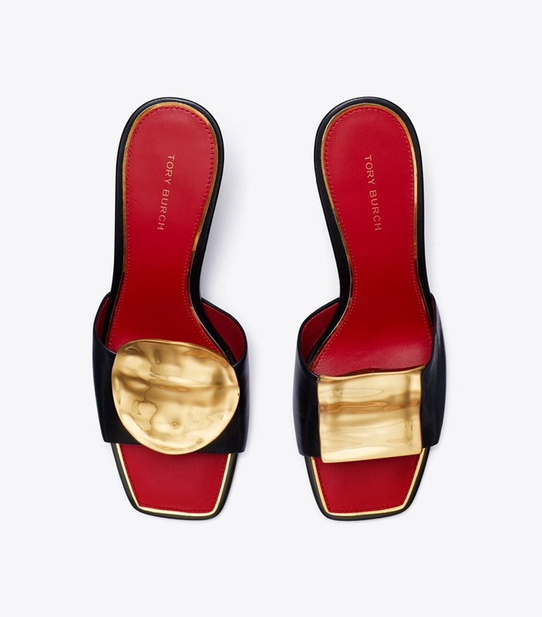 Tory Burch designer sandals Patos Mismatched Heeled Mule in PERFECT BLACK / TORY RED / TORY RED angle