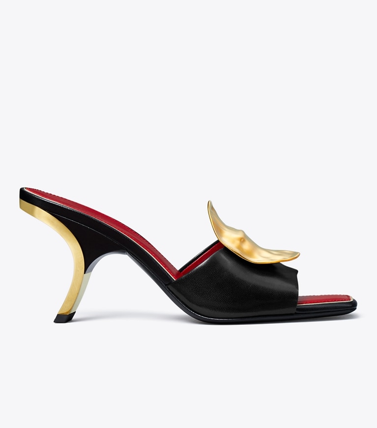 Tory Burch designer sandals Patos Mismatched Heeled Mule in PERFECT BLACK / TORY RED / TORY RED angle