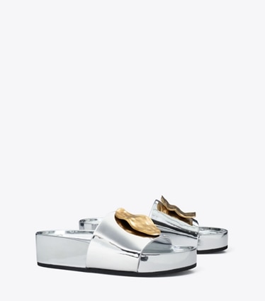 Tory Burch designer sandals Patos Mismatched Platform Slide in ARGENTO angle