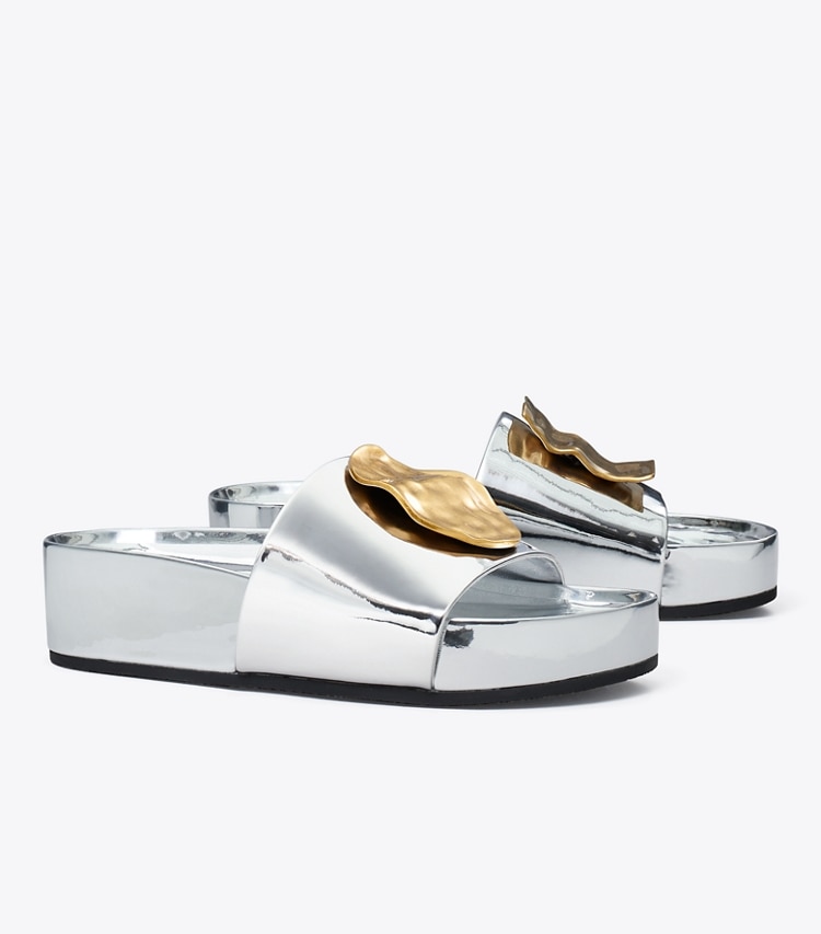 Tory Burch designer sandals Patos Mismatched Platform Slide in ARGENTO angle