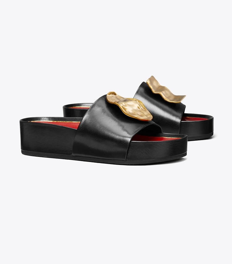 Tory Burch designer sandals Patos Mismatched Platform Slide in PERFECT BLACK / TORY RED / ANCIENT GOLD angle
