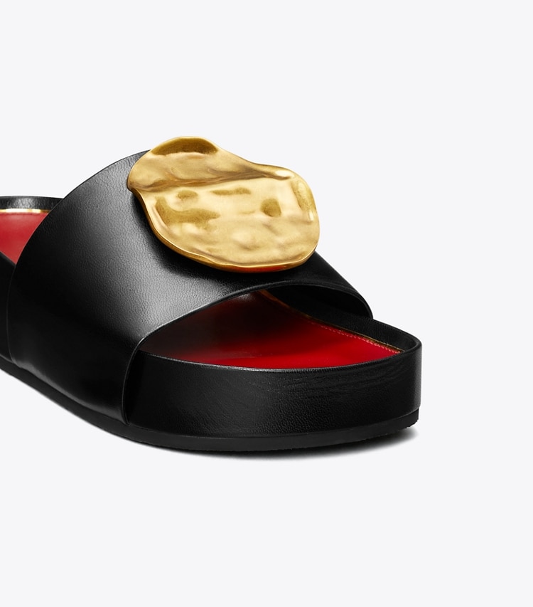 Tory Burch designer sandals Patos Mismatched Platform Slide in PERFECT BLACK / TORY RED / ANCIENT GOLD detail