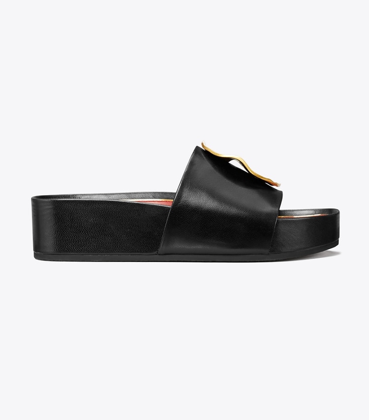 Tory Burch designer sandals Patos Mismatched Platform Slide in PERFECT BLACK / TORY RED / ANCIENT GOLD side
