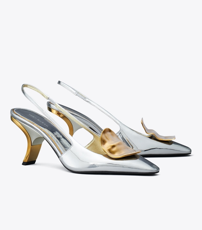 Tory Burch designer heels Patos Mismatched Slingback Heel in ARGENTO / GOLD angle