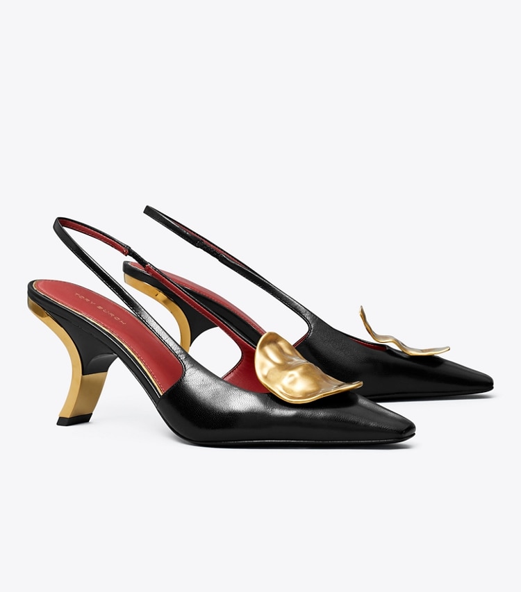 Tory Burch designer heels Patos Mismatched Slingback Heel in PERFECT BLACK / GOLD angle