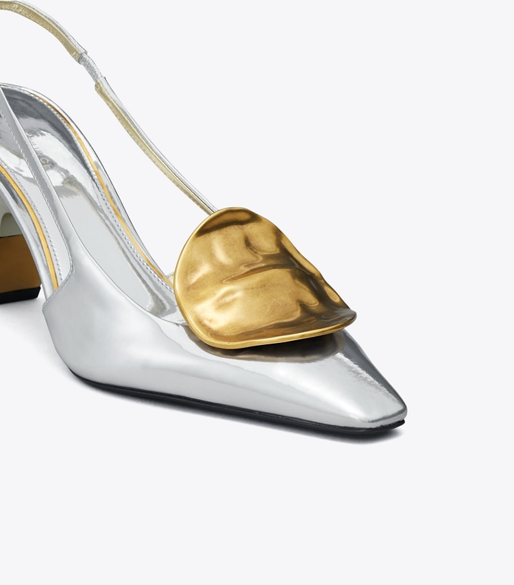 Tory Burch designer heels Patos Mismatched Slingback Heel in ARGENTO / GOLD detail