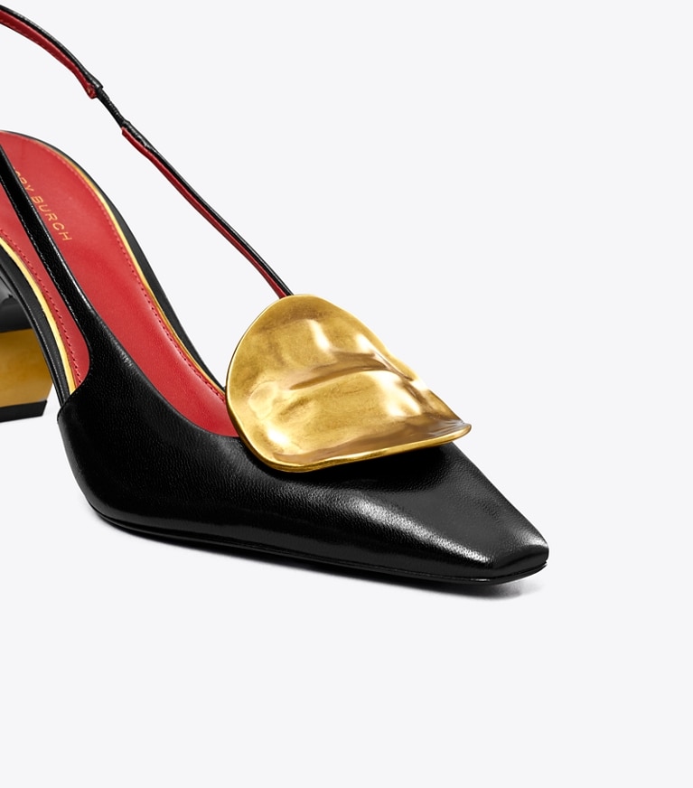 Tory Burch designer heels Patos Mismatched Slingback Heel in PERFECT BLACK / GOLD angle