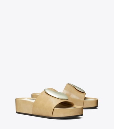 Tory Burch designer sandals Patos Platform Slide in CHATEAU GRAY / SILVER angle