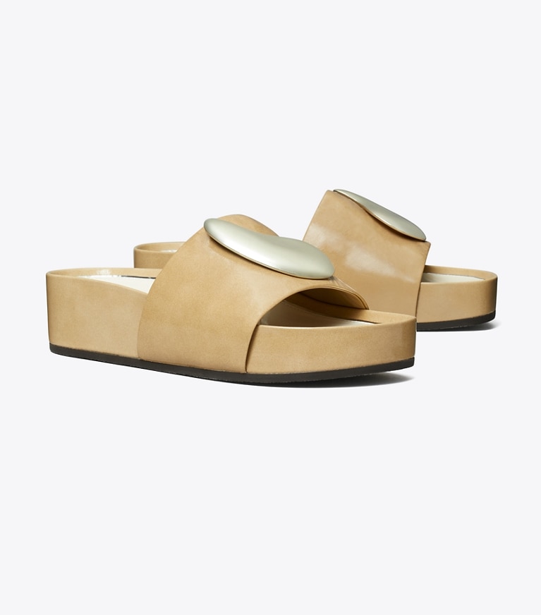 Tory Burch designer sandals Patos Platform Slide in CHATEAU GRAY / SILVER angle