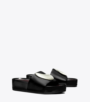 Tory Burch designer sandals Patos Platform Slide in PERFECT BLACK / SILVER angle