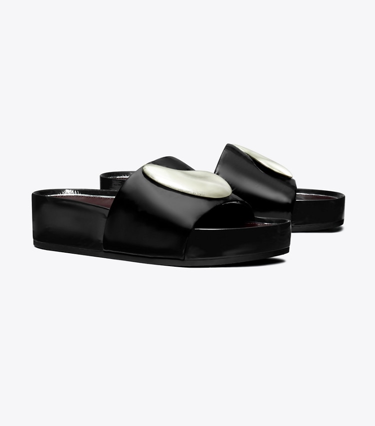 Tory Burch designer sandals Patos Platform Slide in PERFECT BLACK / SILVER angle