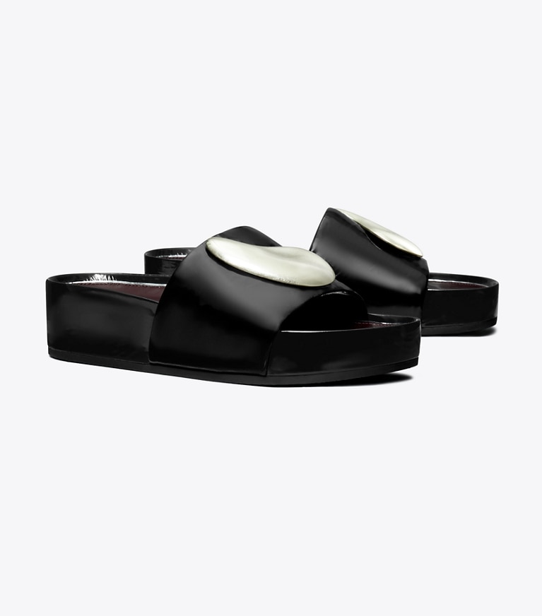 Tory Burch designer sandals Patos Platform Slide in PERFECT BLACK / SILVER angle